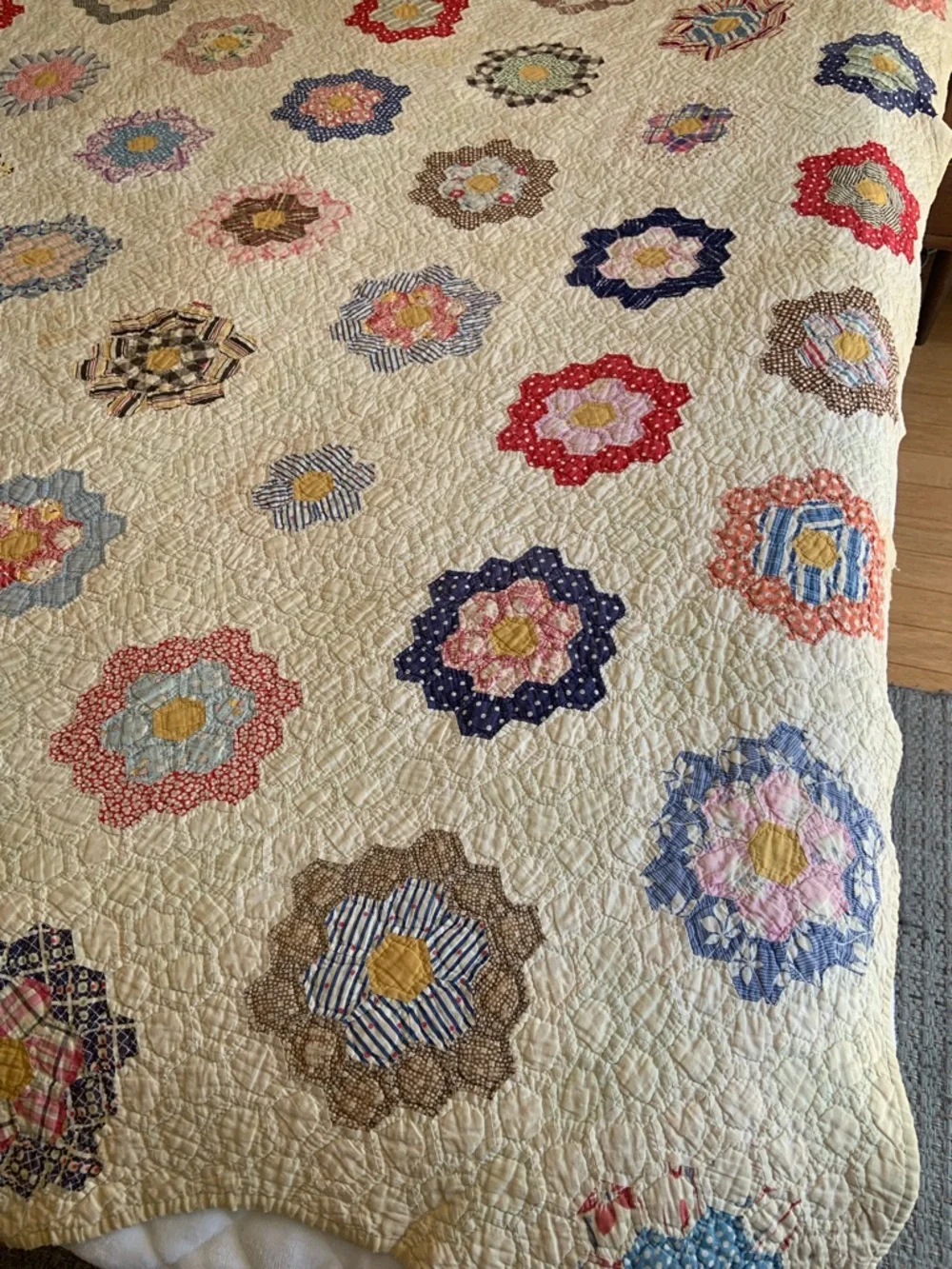 Vintage Handmade Floral Patchwork Quilt - Cream Base with Multi-Color Flowers